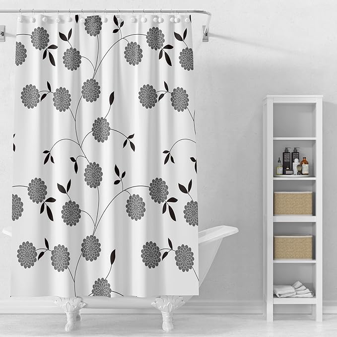 TIKABC Shower Curtain Liner, 4G PEVA Black and White Tree Flower Shower Liner, Plastic Waterproof Shower Curtains, 72x72 inch with Grommet Holes 3 Magnetic Weights