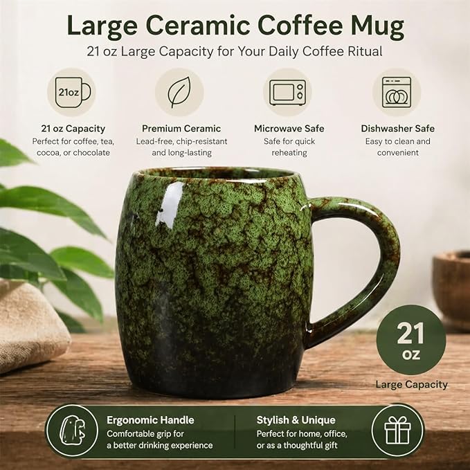 21oz Large Handmade ceramic Mug, Big Ceramic Tea Cup, Durable and Heavy Microwave and Dishwasher Safe Pottery Coffee Mug with Handle, Reactive Glaze Stoneware Clay coffee mug (Green)
