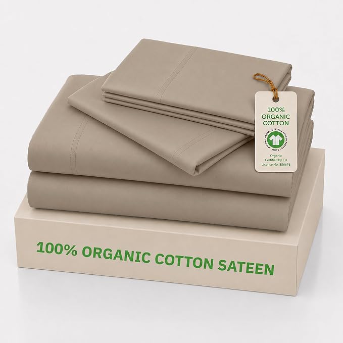 California Design Den King Sheets Deep Pocket Set - 100% Organic Cotton King Sheet Set, Soft and Lightweight Sateen, Deep Pockets, Durable Bedding - Warm Taupe