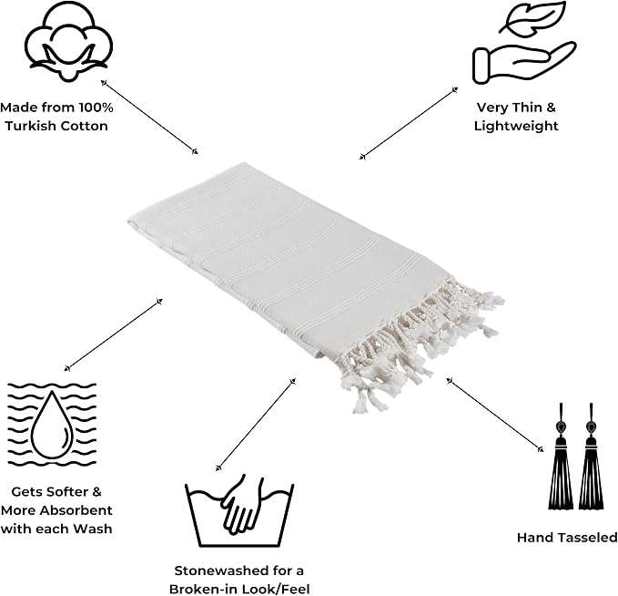 InfuseZen Stonewashed Turkish Cotton Bath and Beach Towel - Off White | 100% Organic, Thin, Soft, Lightweight, Absorbent, Quick-Drying, Large Peshtemal, Sand-Resistant for Shower, Pool, Spa, Travel