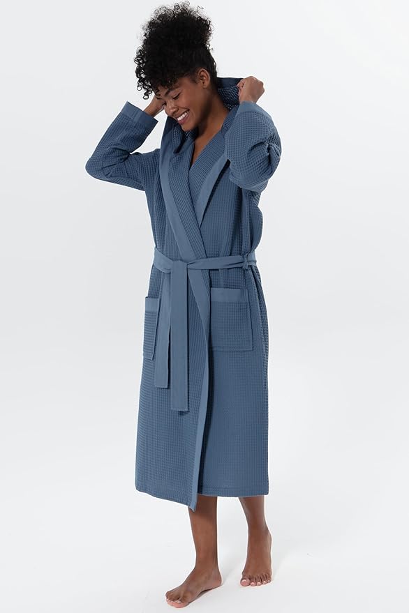 SEYANTE Women's Organic Cotton Waffle Kimono, Hooded Robe – GOTS Certified Lightweight Full-Length Spa Bathrobe with Piping