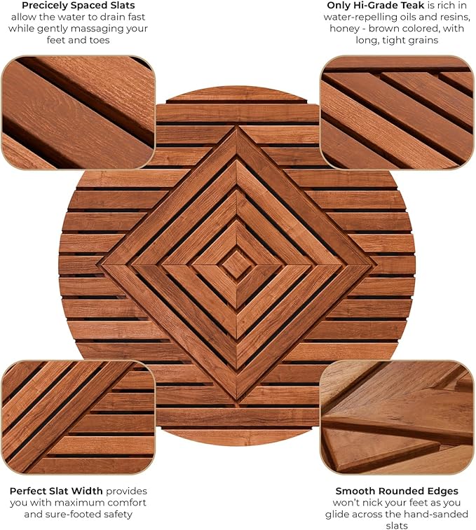 Designer Round Teak Shower Mat, Xtra-Large 32” Diameter, Waterproof, Teak Oil Finish, for Bathroom, Pool, Spa, Boat, Sauna, Patio, Front Door from Our Diamond Collection