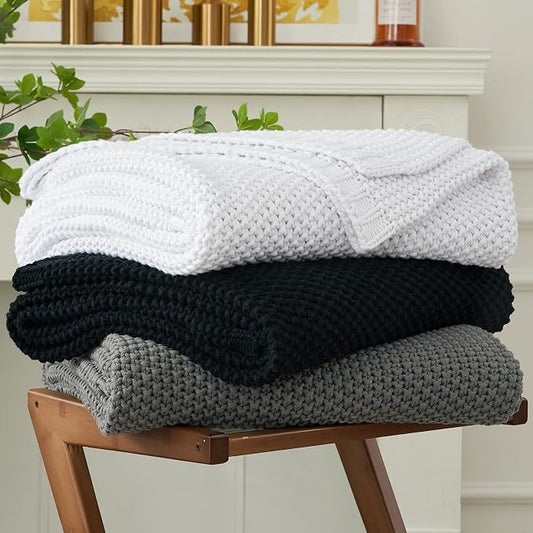 Longhui bedding Chunky Cable Knit Throw Blanket Lightweight Black 100% Organic Cotton Blanket for Sofa Couch Bed Baby Nursery, Rustic Shabby Chic Modern Farmhouse, 51” x 63” Give Laundering Bag