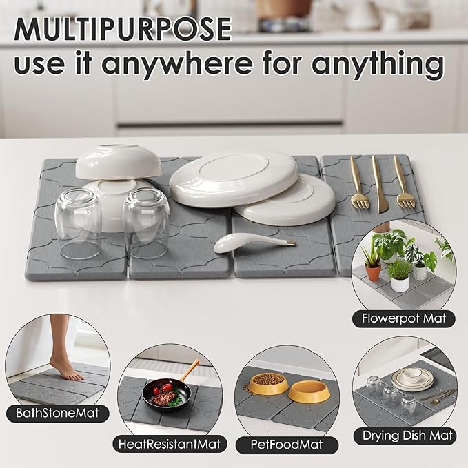 3 PCS Large Stone Dish Drying Mat for Kitchen Counter -24"x16" Absorbent Diatomaceous Earth Mat with Stone Faucet Mat & Soap Tray - Quick Dry, Collapsible, Non-Slip Countertop Organizer