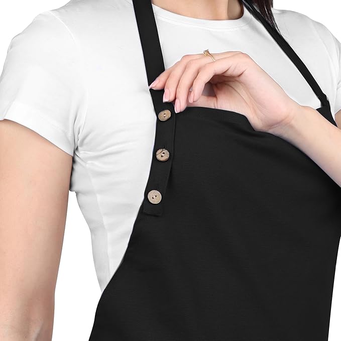 Kitchen Apron Waterdrop Resistant 2 Pack Cotton Apron with adjustable Aprons for Women with Pockets Cooking Apron Men Unisex (Black)