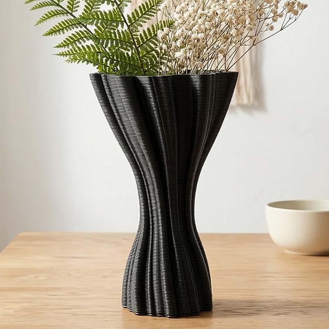 Minimalist Black Ceramic Vase, Irregular Organic Shape Decorative Flower Vase for Home Decor, Wabi-Sabi Modern Accent for Living Room Table Shelf