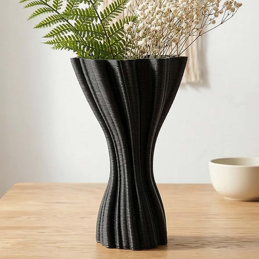 Minimalist Black Ceramic Vase, Irregular Organic Shape Decorative Flower Vase for Home Decor, Wabi-Sabi Modern Accent for Living Room Table Shelf