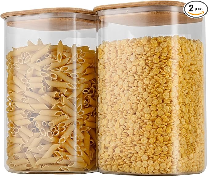 D2scrma 149oz Airtight Glass Square Storage Canister with Bamboo Lid Set of 2(4400ml*2) Large Gallon Glass Jars for Sugar, Flour, Cookies and Coffee beans (‎with Black Lable)