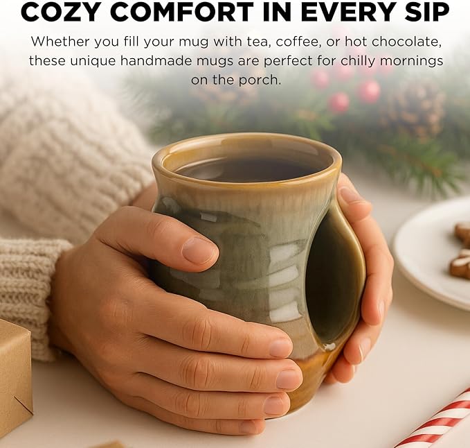 Hand Warmer Mug, Ceramic Pottery and Hand Painted & Colored - Contoured Pocket, Hold Warmth From The Heat Of Your Drink - Keep Your Fingers Warm, Comfy Handwarmer Gift, Winter Gifts - Right Handed
