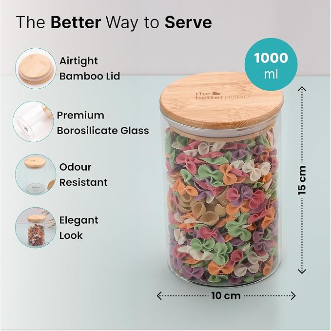 The Better Home Pack of 2 1000ml Borosilicate Glass Jars containers with Bamboo Lid I Transparent Airtight Borosilicate Kitchen jars Containers Set | Glass Jars for Cookies Snacks Tea Coffee Sugar