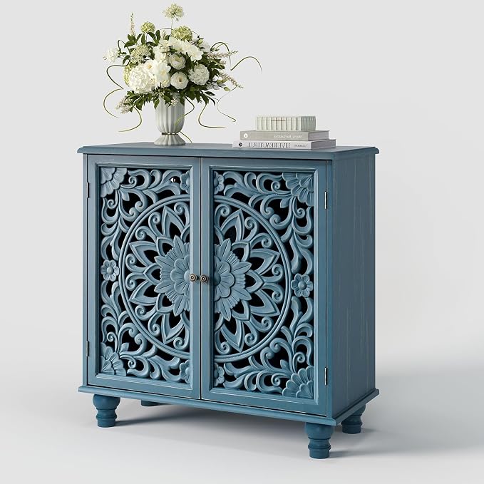 JOINICE 31" Accent Storage Cabinet with Carved Doors,Mandala Blue | Carved Floral Design, Solid Wood Legs, Versatile Storage for Living Room & Bedroom & Hallway, Adjustable Shelf, Easy Assembly