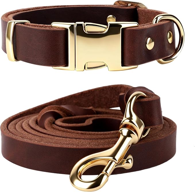Leather Dog Collar and Leash Set, 5FT Heavy Duty Leather Training Leash with Adjustable Dog Collar, Soft and Durable Dogs Leashes and Collars Set for Small Medium Large Dogs (Brown, S)