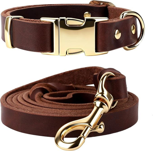 Leather Dog Collar and Leash Set, 6FT Heavy Duty Leather Training Leash with Adjustable Dog Collar, Soft and Durable Dogs Leashes and Collars Set for Small Medium Large Dogs (Brown, L)