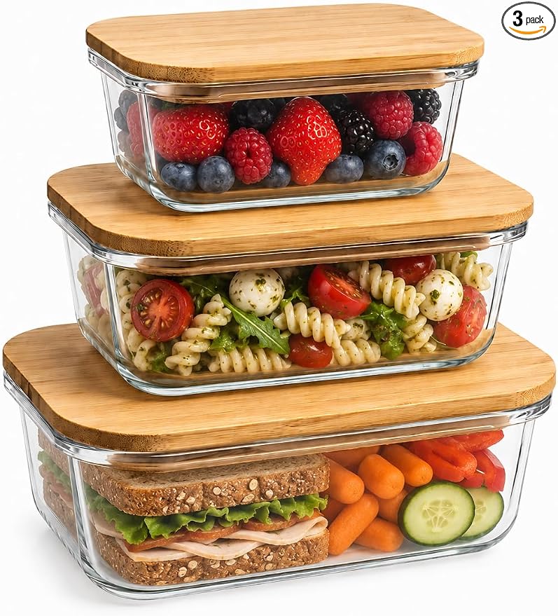 3-Pack Airtight Glass Food Storage Containers with Bamboo Lids | High borosilicate stackable meal prep containers for leftovers. Microwave and dishwasher safe kitchen organization.