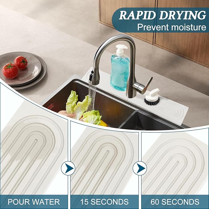Diatomite Quick-Drying Stone Mat Set, Stone Mat for Kitchen Sink & Bathroom Sink Cover for Counter Space, Fits Soap Cups Sponges, Fast Water-Absorbing to Keep Dry (White, 15.7×3.9inch)