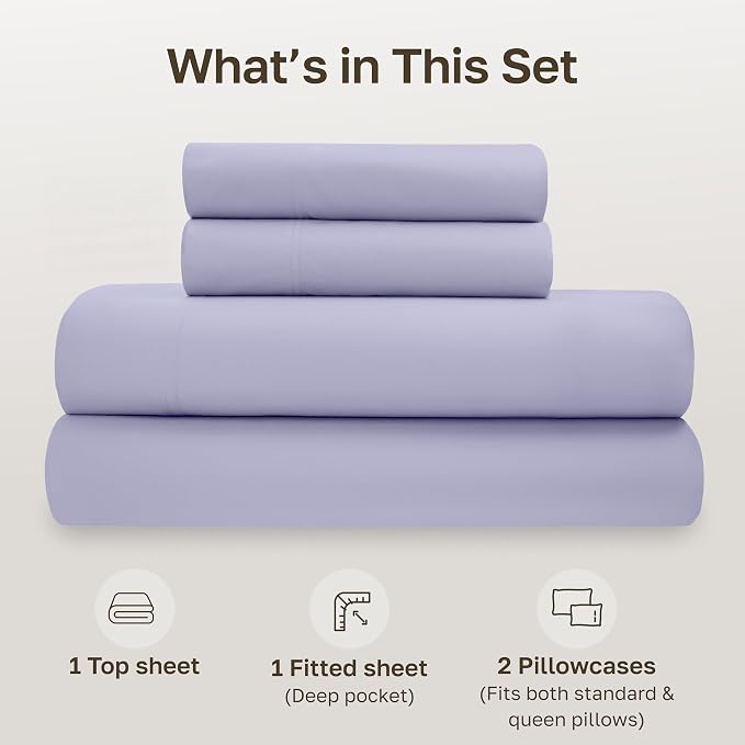 California Design Den Queen Size Bed Sheets - Soft 100% Percale Cotton Sheets with Deep Pockets, Crisp Percale, Breathable and Durable Bedding Set - Lavender Mist