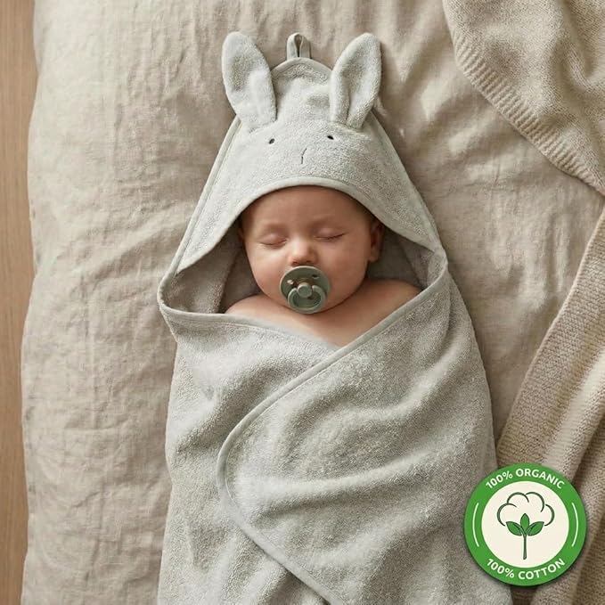 Hooded Baby Towel – 100% Organic Cotton Baby Bath Towels – Baby Boy and Girl Newborn Essentials - Super-Soft and Absorbent. (Rabbit - Pearl Grey)