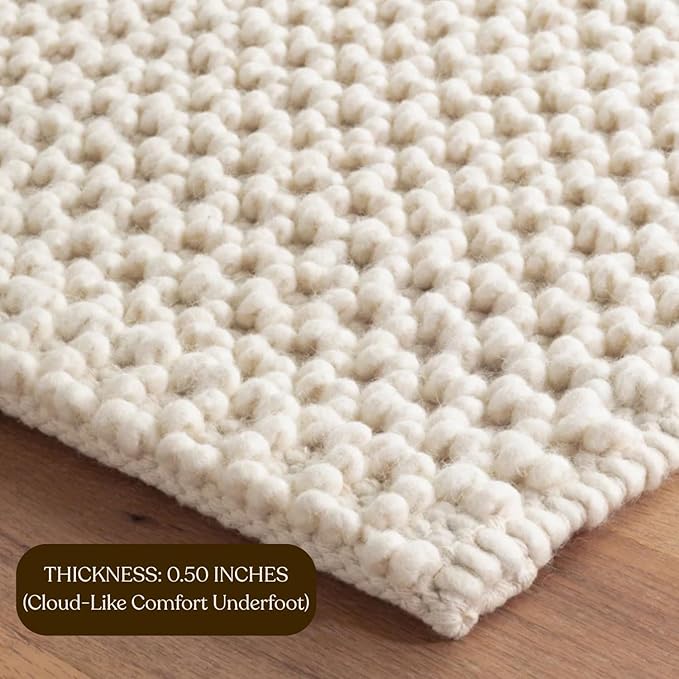 Handwoven Wool Area Rug - Hand Woven Natural Carpet Rugs- Bedroom Living Room Dining Room (Ivory- 6'x9')