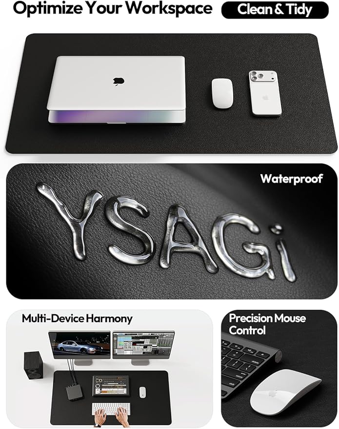 YSAGi Leather Office Desk Pad Protector, Large Mouse Pad, Non-Slip, PU Leather, Laptop Desk Blotter, Waterproof Writing Pad for Office and Home, Black, 23.6" x 13.8"