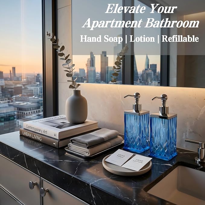 2 Pack 10 Oz Glass Soap Dispenser with Rustproof Stainless Steel Pump,Blue Square Textured Refillable Hand Soap Dispenser with Vertical Fluting for Lotion, Soap,Body Wash, Kitchen & Bathroom Organizer
