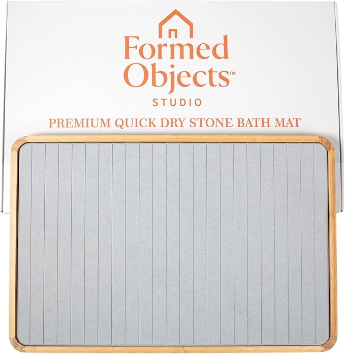 Stone Bath Mat with Bamboo Trim - Quick-Dry Diatomaceous Earth Shower Mat | Super Absorbent, Non-Slip, Minimalist Bathroom Floor Mat for Spa Style Décor, Bathroom, Kitchen, Entryway - Stone Grey