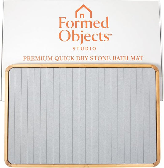 Stone Bath Mat with Bamboo Trim - Quick-Dry Diatomaceous Earth Shower Mat | Super Absorbent, Non-Slip, Minimalist Bathroom Floor Mat for Spa Style Décor, Bathroom, Kitchen, Entryway - Stone Grey