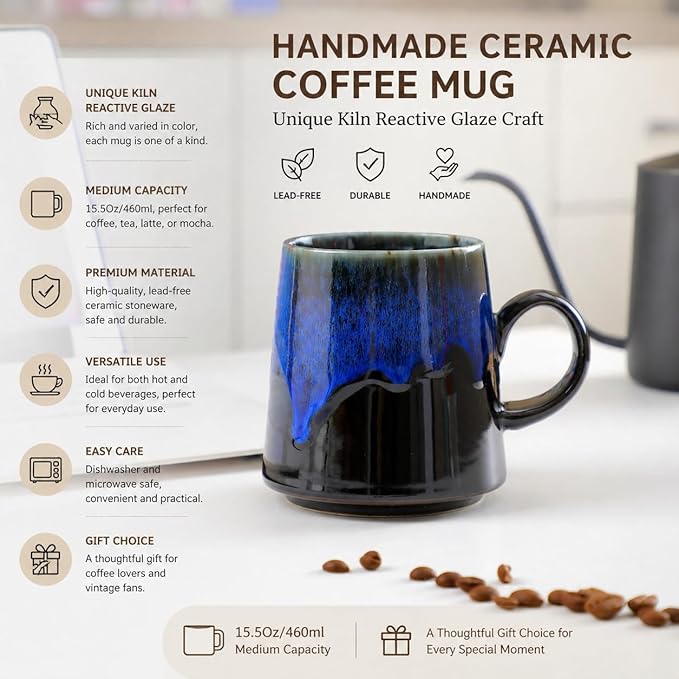 15oz Japanese style Handmade Ceramic Coffee Mug - Unique Pottery tea cup, Lead-free Artisanal stoneware ceramic tea mug, Dishwasher & Microwave Safe Coffee cup for office and home, Blue and Black