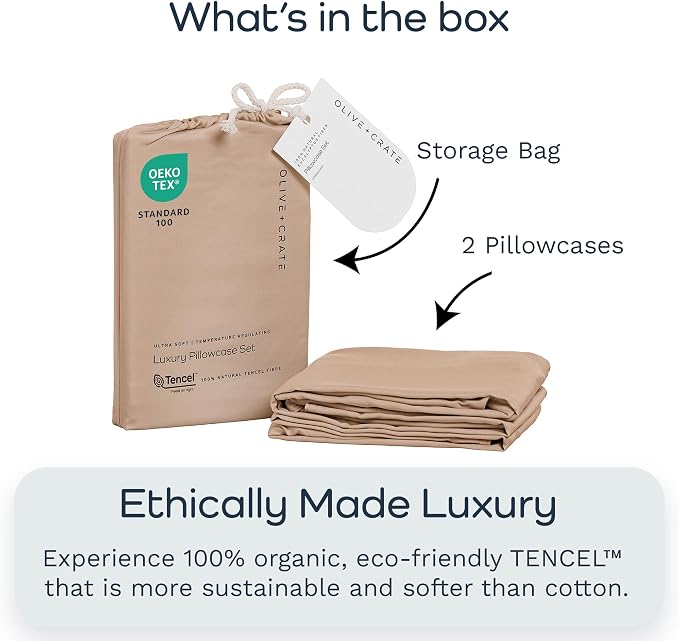Olive + Crate Tencel Eucalyptus Pillowcases - 100% Tencel Lyocell Cooling Pillow Cases for Hot Sleepers - Hypoallergenic, Moisture-Wicking, Silk Alternative, Queen Size Set of 2 [Terracotta Clay]