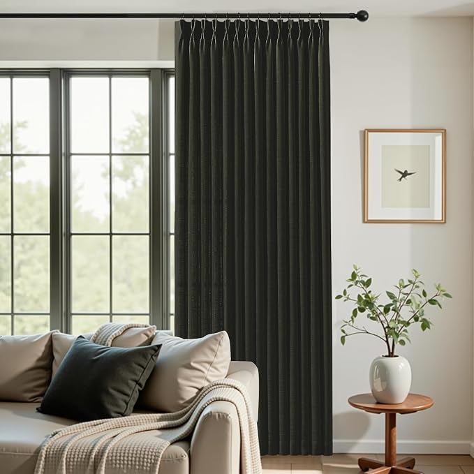 IVAPUPU Black Pinch Pleated 84 Inch Curtains for Living Room, Airy Privacy Semi Sheer Curtain with Pleated Hooks Rings Linen Blend Memory Trained Back Tab Drapes for Bedroom Office, 2 Panels, W40xL84
