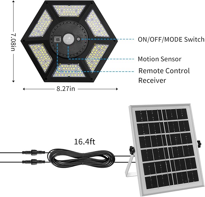Solar Shed Light Indoor Outdoor 180LED Dual Head Solar Powered Pandent Daytime Work Lights with 5 Lighting Modes & 3 Timers, Solar Indoor Lights Motion Sensor with Remote for Shed Barn Garage