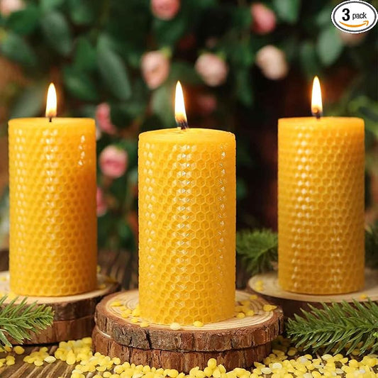 3 Pack Natural Beeswax Pillar Candles,Handmade Pure Beeswax Rolled Candle-60 Hours Long Burning,Honeycomb Bees Wax Candles for Home, Prayer,Dripless Smokeless Unscented Pillar Candle 2x4in