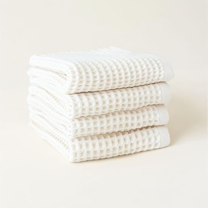 Premium Waffle Hand Towels Pack of 4 Extra Large 20x35 inch - 100% Turkish Cotton, Waffle Weave, Quick Dry, Lint Free, Super Absorbent, Thin Hand Bath Towel (White, Set of 4 Hand Towels)