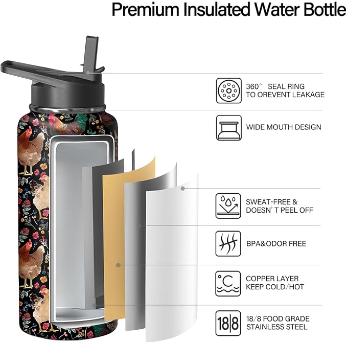 32oz Chicken Water Bottle with Handle and Flip Straw, Animal Sports Stainless Steel Insulated Cup Travel Coffee Mug Tumbler, Birthday Mothers Day Chritmas Gifts for Women