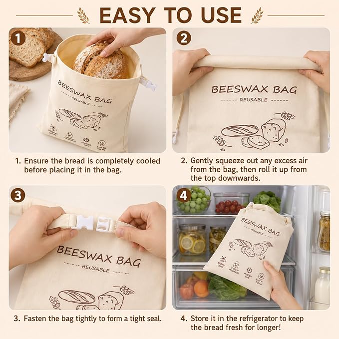 2 Packs Reusable Beeswax Bread Bags 13x17 Inch | Keep Bread Fresh for Days Moisture Lock Linen Food Storage for Homemade Sourdough Bread