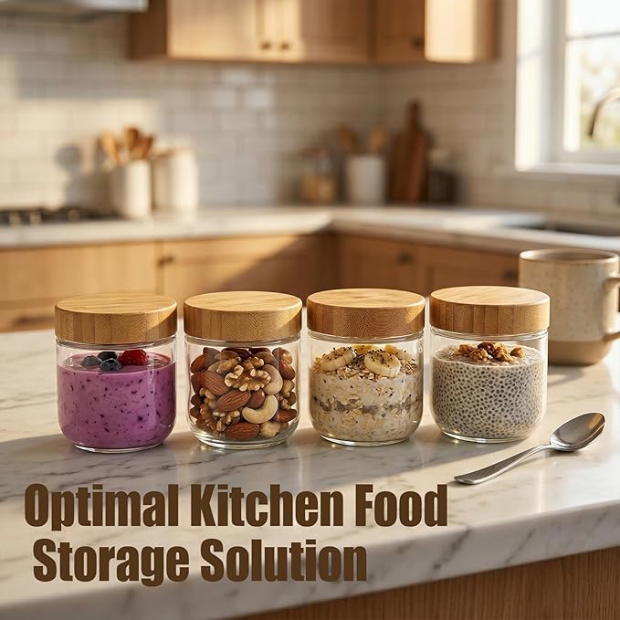 4 Pack 10oz Glass Jars with Bamboo Airtight Lids - Wide Mouth Food Storage Containers for Yogurt Chia Pudding Salad Spice Sugar