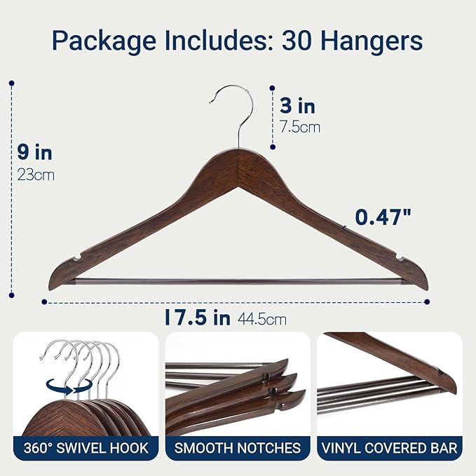 Amber Home 30 Pack Walnut Wooden Coat Hangers, Vintage Wood Suit Hangers with Non-Slip Pant Bar, Clothes Hangers for Closet Organization, Shirts, Jackets, Dresses, and Pants (Retro, 30)