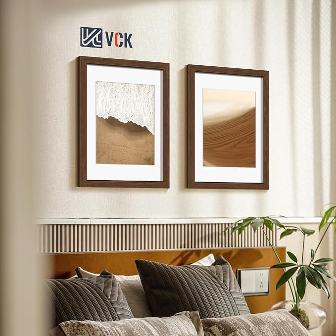 VCK 12x16 Picture Frames Brown 3 Pack, Wide Border Wood, Tempered Glass, Display 8.5x11 Photo with Mat or 12 x 16 without, for Home, Office, Gallery, Woodgrain Series, Wall Hanging