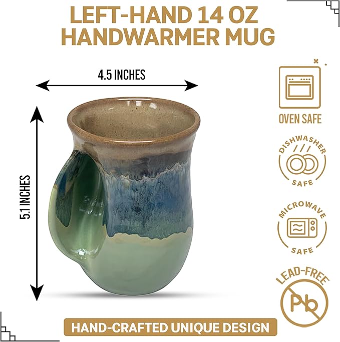 Clay in Motion Hand Warmer Coffee Mug – Handmade Coffee Mug With Comfortable Handle Contoured Pocket Hand Warming Ceramic Coffee Mug – Proudly Made in USA – Left Handed – 14 Oz - Mountain Meadows