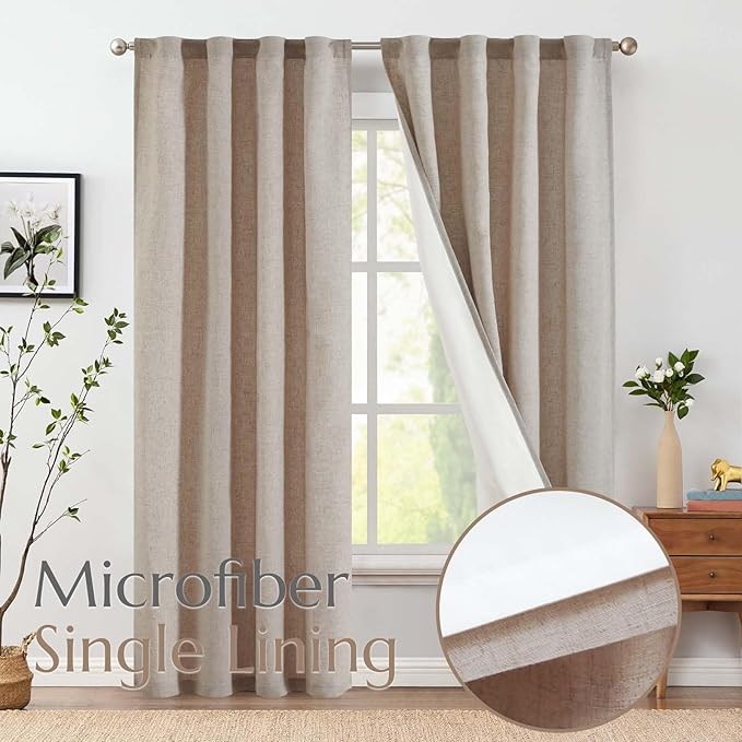 jinchan Linen Curtains with White Privacy Lining Taupe Lined Curtains 90 inch for Closet Small Window Living Room Bathroom Neutral Farmhouse Cottage Core Light Filtering Rod Pocket Back Tab 2 Panels