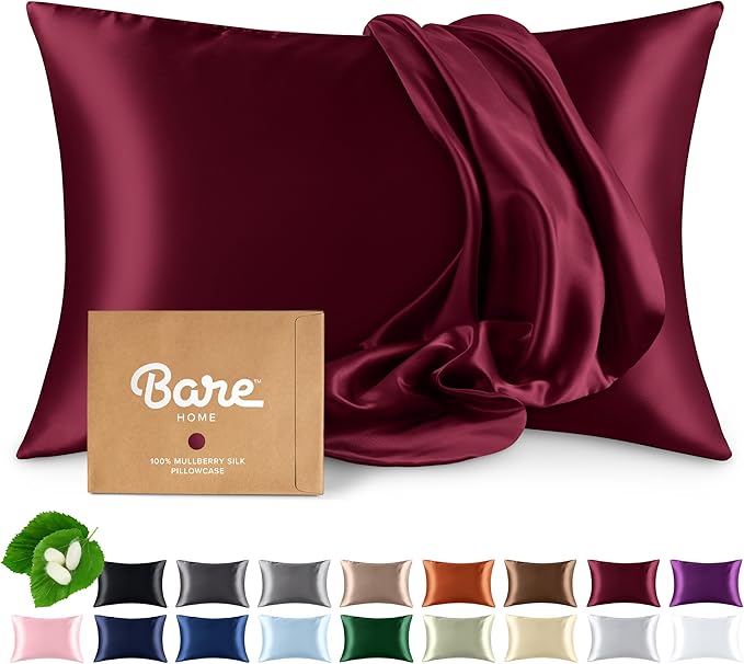 Bare Home 100% Mulberry Silk Pillowcase for Hair and Skin - Ultra Premium 6A Grade 19 Momme Silk Pillow Case - Hidden Zipper - Breathable Cooling Pillow Cover (King, Burgundy)