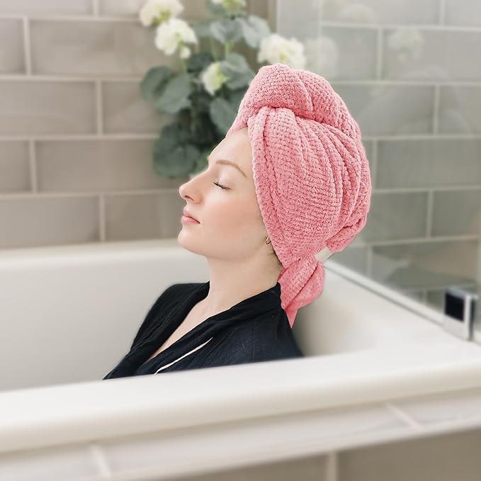 ROLSHOL 2 Packs Large Microfiber Hair Towels for Women, Super Absorbent & Quick Dry Hair Towel Wrap for Curly Long & Short Hair- Anti-Frizz Hair Turbans for Wet Hair（Coral Pink & Pink） - 27.5''*39.4''
