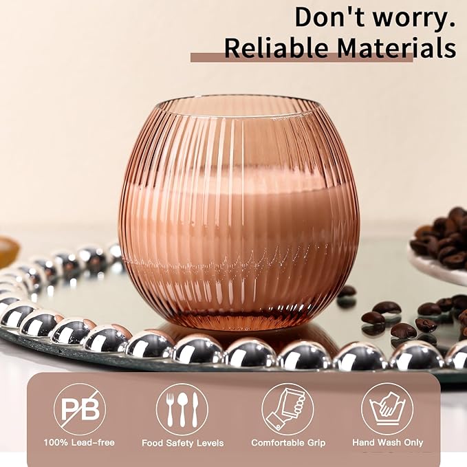 JOVGANK Venus Ribbed Drinking Glasses Set of 6-10.8 OZ Stemless Wine Champagne Whiskey Cocktail Glass, Reusable Wine Cups for Home Party Wedding Bar