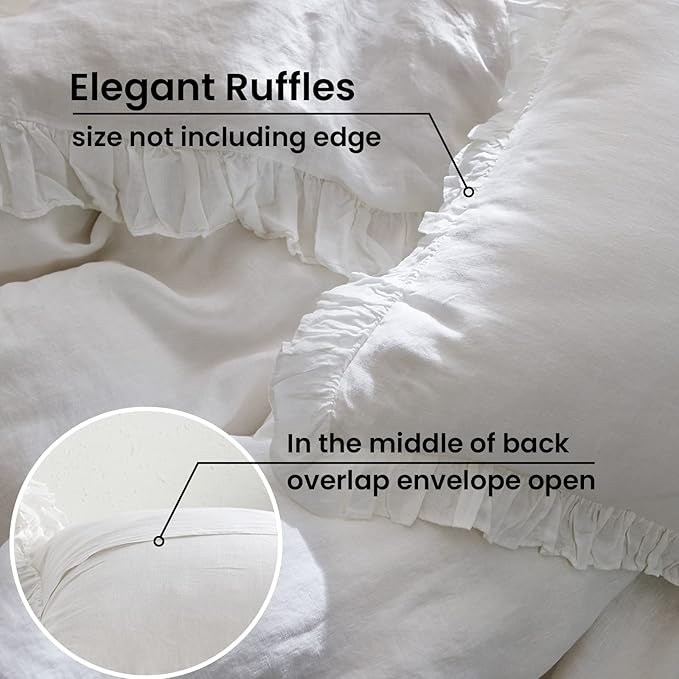 100% French Linen Euro Shams with Ruffles - Set of 2 - Washed Solid Color Natural Flax Soft Breathable Pillow Covers - White, 26'' x 26''