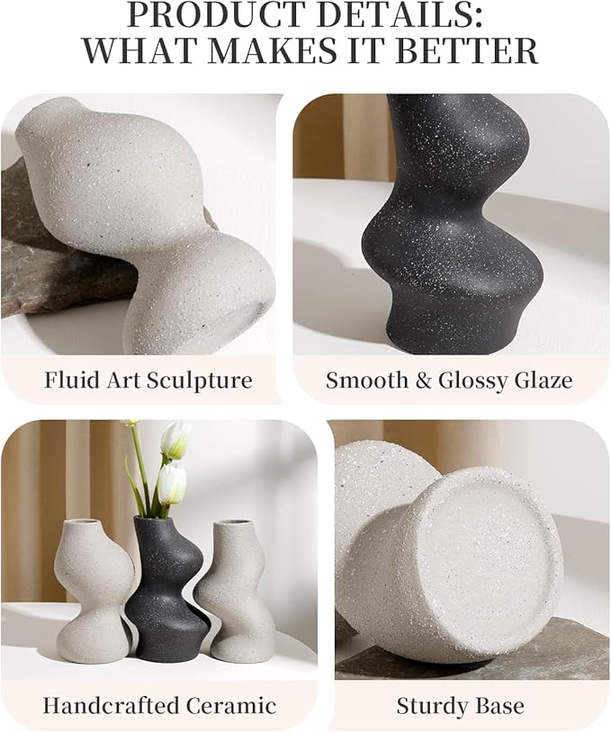 BosilunLife Decorative Vase Set of 3, Nested Curved Recycled Ceramic, Speckled Wabi-Sabi Home Decor, Modern Boho Centerpiece for Living Room Mantel & Office (Black & Grey)