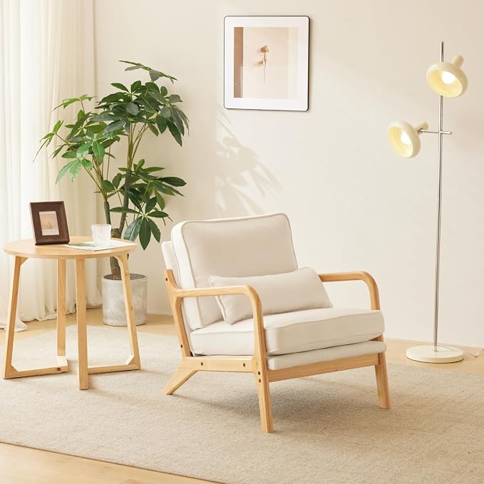 Karl home Mid-Century Modern Accent Reading Chair, White | Linen Upholstered, Solid Wood Frame, Soft Cushion, Lumbar Pillow, Lounge Armchair for Living Room, Bedroom, Balcony, Study