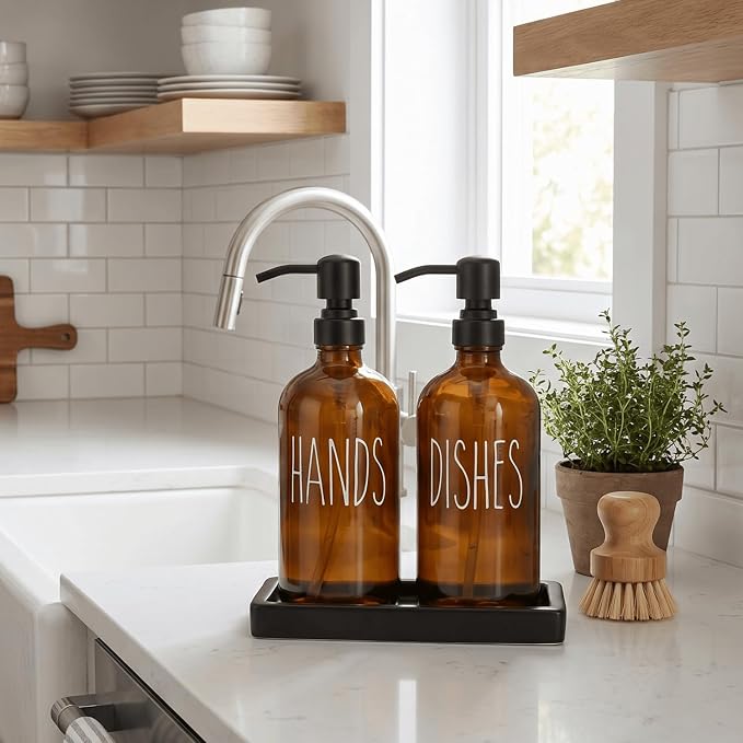MOMEEMO Glass Soap Dispenser with Pump, Kitchen Sink Soap Dispenser with Ceramic Tray and Stainless Steel Pump, Suitable for Farmhouse Kitchen Decor. (Amber & Black)