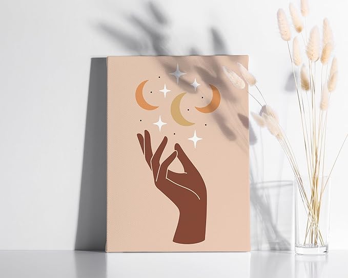 Mystical Hand Wrapped Canvas Wall Art Celestial Moon and Stars Earth Tones Terracotta 12x16 Inch Gallery Stretched Modern Spiritual Home Art Decor