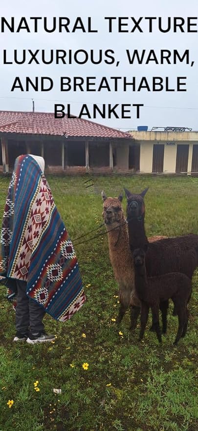 Alpaca Wool Blanket, King Size 100 x 83, Reversible 2 in 1, Thick and Ultra Soft, Hypoallergenic, Non-Itchy, Handmade in Ecuador. Premium Alpaca Wool Throw Blanket for Cozy Comfort (Turquoise)