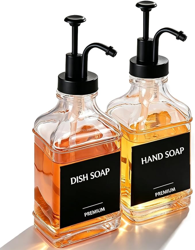 Dish Soap Dispenser for Kitchen, Hand Glass Soap Dispenser Set with Pump, Funnel for Bathroom, Shower, Laundry, Liquid, Lotion (Black 2 Pack 18 Oz Clear Bottles with 12 Stickers)