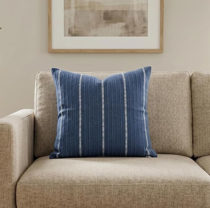 SanVia Cotton Throw Pillow Covers 20x20 – Handwoven Jacquard Texture, Fade-Resistant, No Pilling – Hidden Zipper, Decorative Cushion Cover for Sofa, Couch, Bed – Insert Not Included (Striped, Blue)
